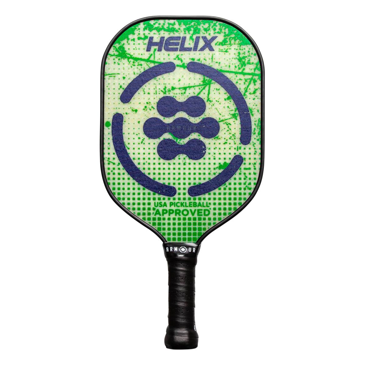 Front view of a green pickleball paddle with blue HELIX logo and USA Pickleball Approved text.