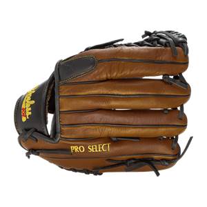Front view of a brown baseball glove with black accents and PRO SELECT text.