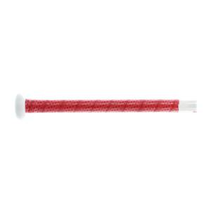 Side view of a red baseball bat grip with a textured pattern and white end cap.