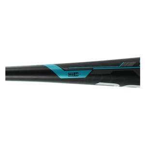 Side view of a black baseball bat with blue and grey accents and 5150 visible.