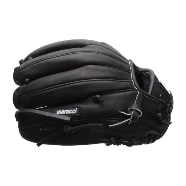 Side view of a black baseball glove with white stitching and a marucci logo.