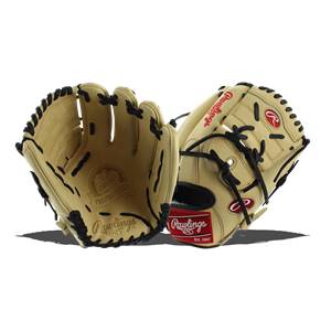 Front view of a tan baseball glove with black lacing and Rawlings branding.