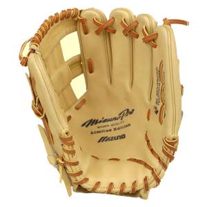 Palm view of a tan Mizuno Pro baseball glove with Mizuno Pro, MAJOR QUALITY, and Limited Edition text.