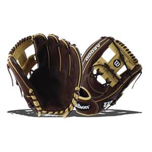 Side view of a brown baseball glove with tan lacing and A2000 branding.