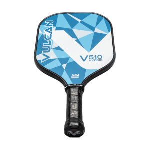 Front view of a blue and white pickleball paddle with a geometric pattern, VULCAN text, and V510 HYBRID branding.