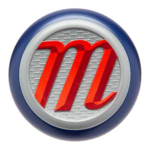 End view of a blue baseball bat with a red m logo on a silver hexagonal pattern.