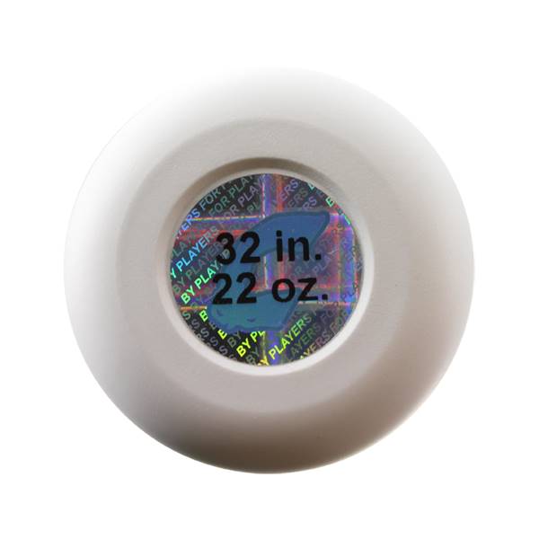 End view of a white softball bat with a holographic sticker showing 32 in. 22 oz. and BY PLAYERS FOR PLAYERS.