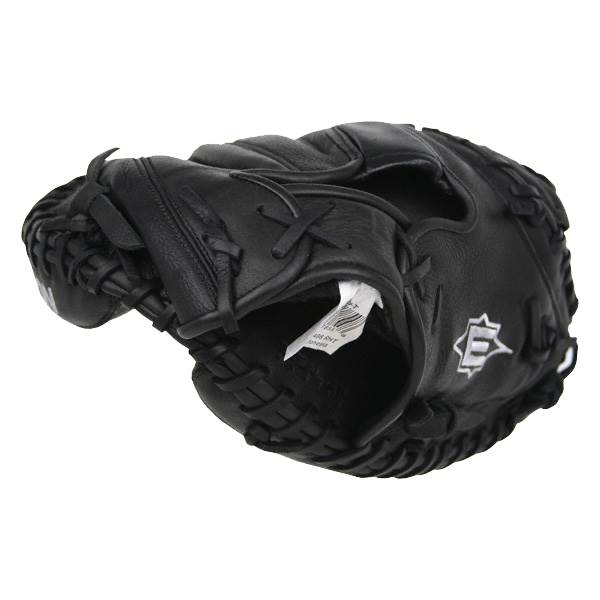 Side view of a black catchers mitt with white Easton logo and visible tag.
