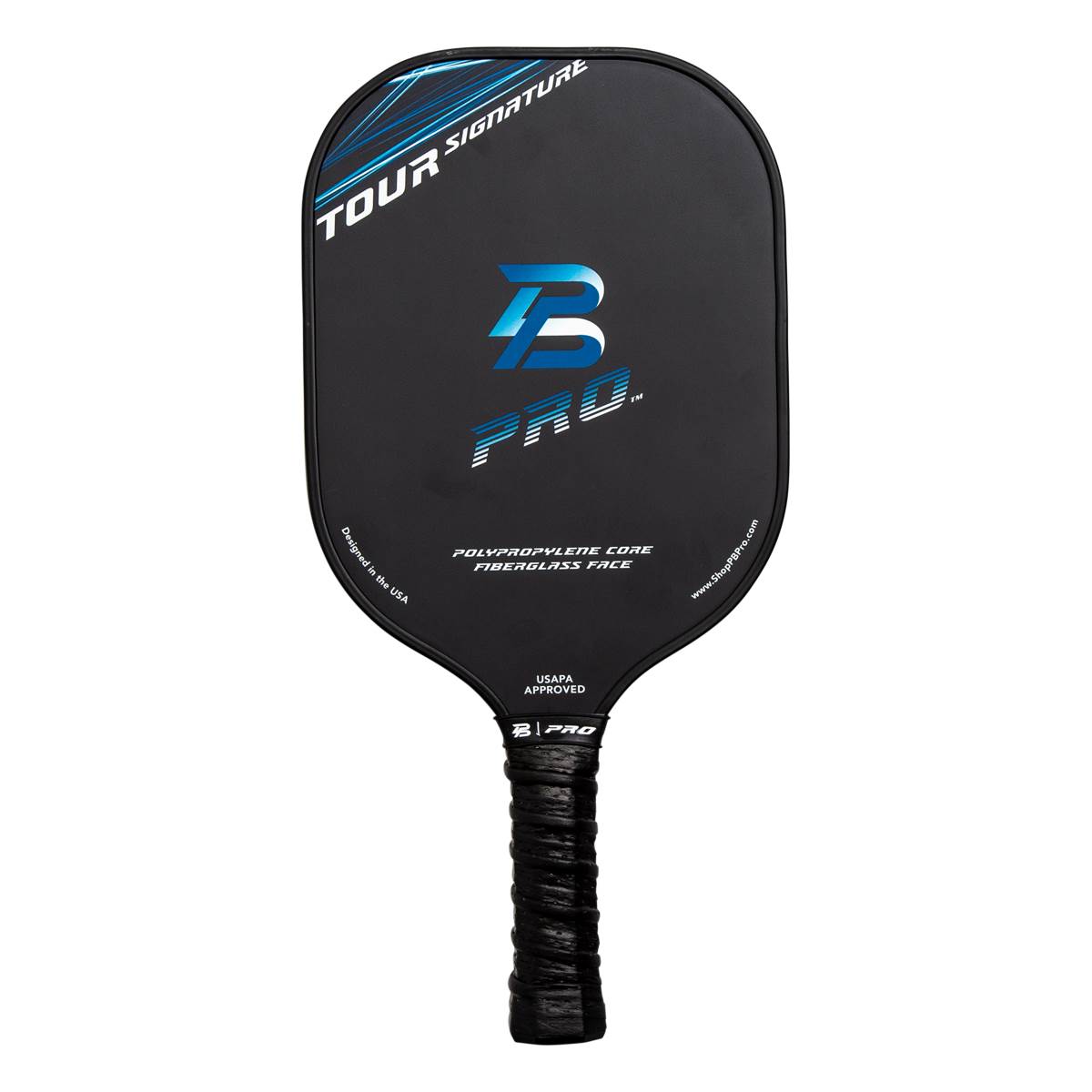 Front view of a black pickleball paddle with blue TOUR SIGNATURE text, a blue B PRO logo, and USAPA APPROVED text.