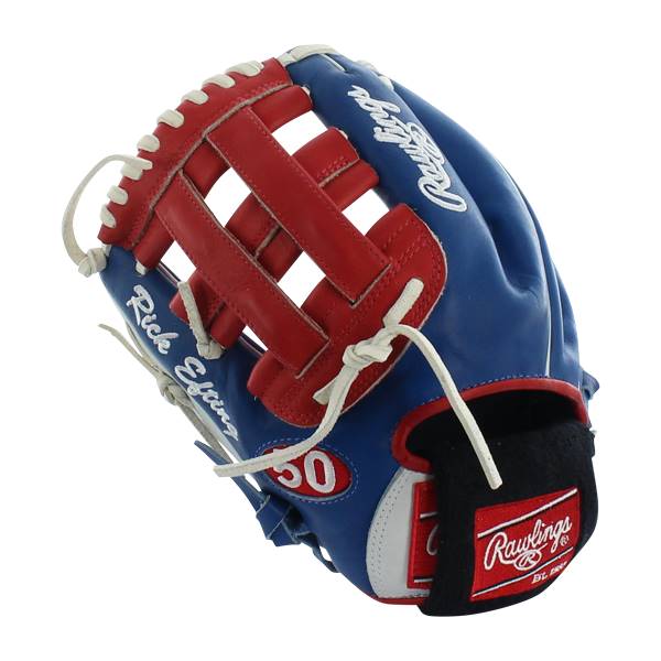 Top-down view of a blue baseball glove with red webbing, white lacing, and Rick Eftink embroidered on the side.