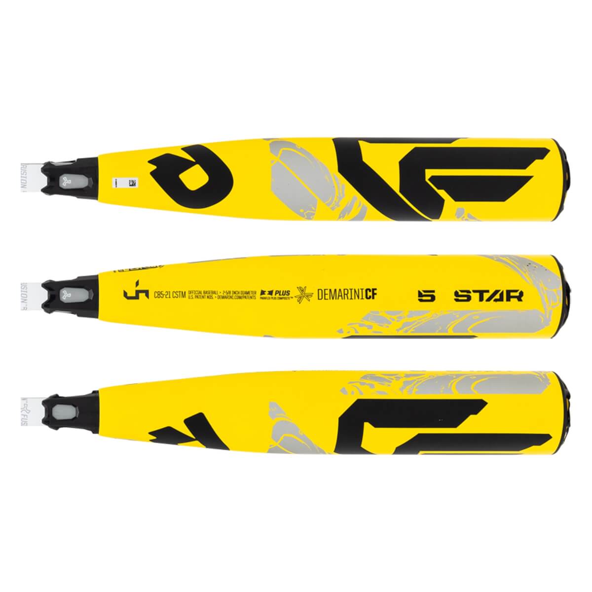 Top-down view of yellow baseball bats with black and silver graphics and DeMarini CF branding.