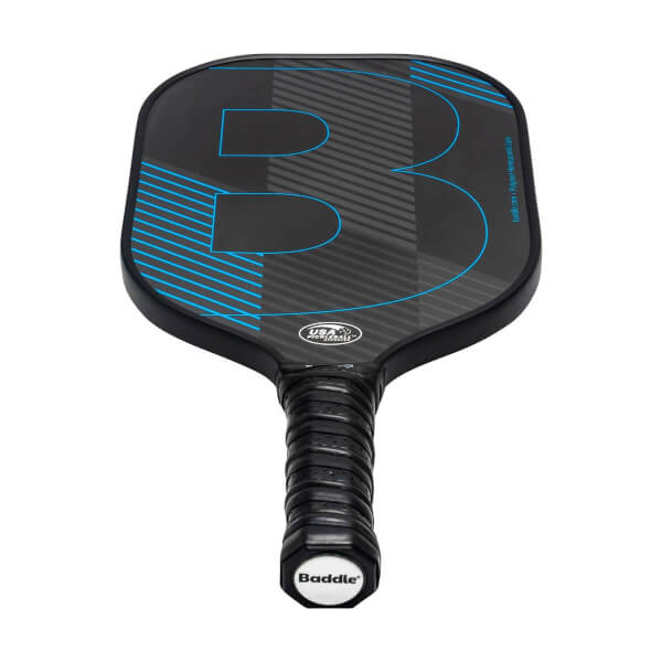 Top-down view of a black pickleball paddle with a large blue B graphic and USA Pickleball logo.