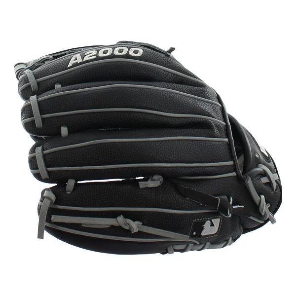 Side view of a black baseball glove with A2000 branding and gray lacing.