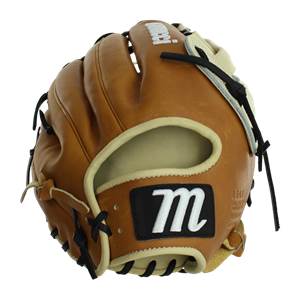 Front view of a tan baseball glove with a black m logo and tan lacing.