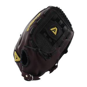 Top-down view of a brown baseball glove with gold Akadema branding and a yellow triangle logo.