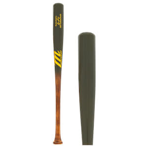 Full view of an olive green and natural wood baseball bat with a yellow Marucci logo and RILEY27 text on the barrel.