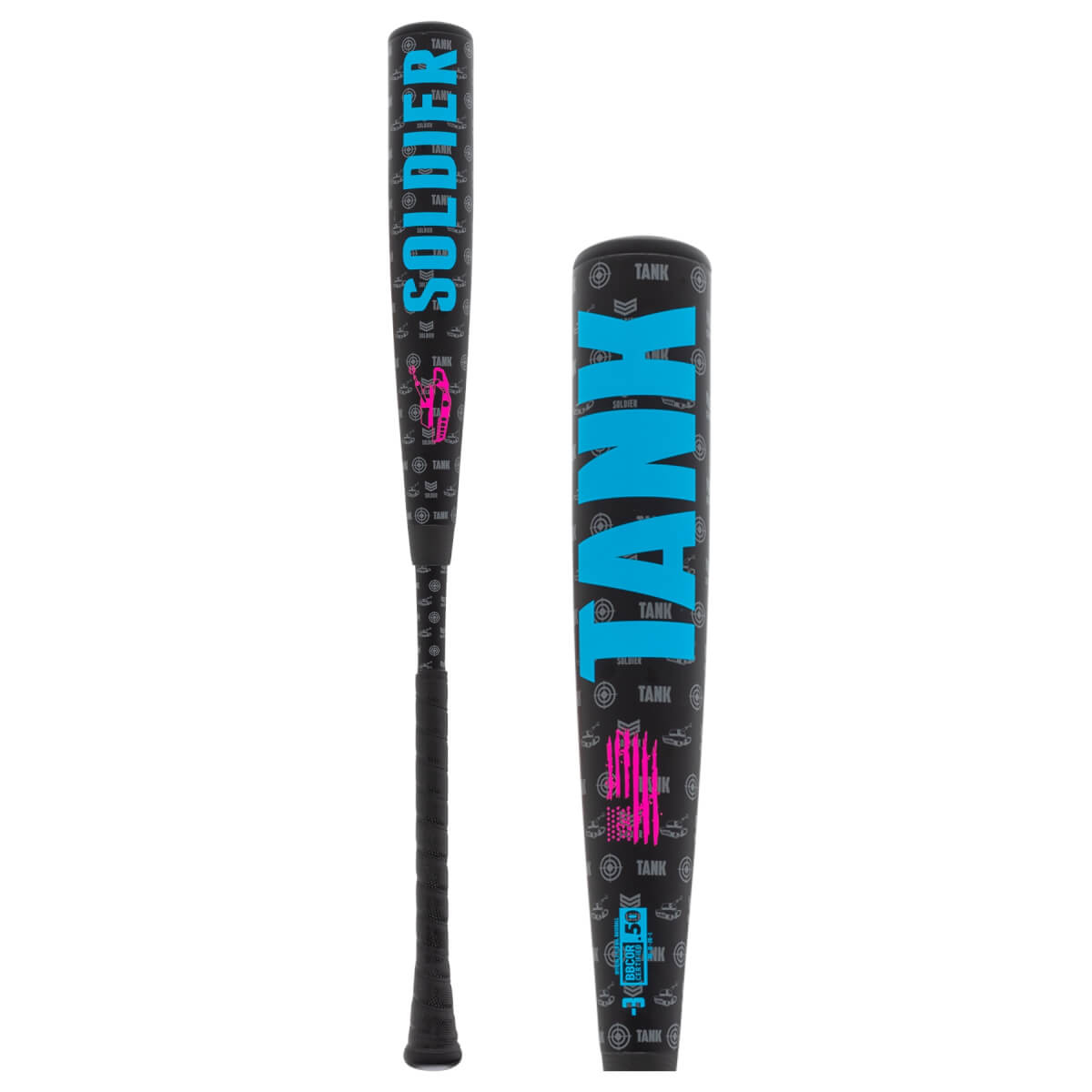 Front view of a black baseball bat with SOLDIER in blue and pink text, and a pink tank graphic.