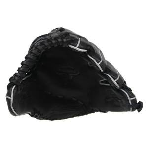 Interior view of a black baseball glove with white stitching and a pocket.