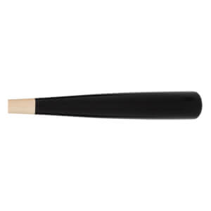 Side view of a black baseball bat with a natural wood handle and a rounded knob.