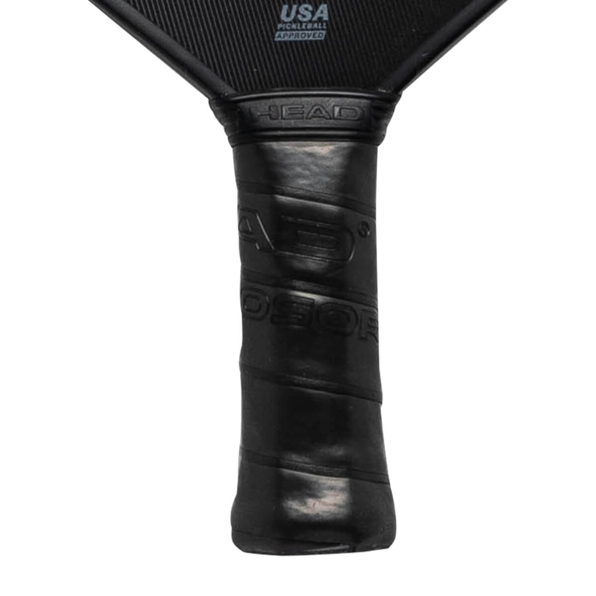 Close-up of a black pickleball paddle grip with HEAD and PERFORMANCE text.