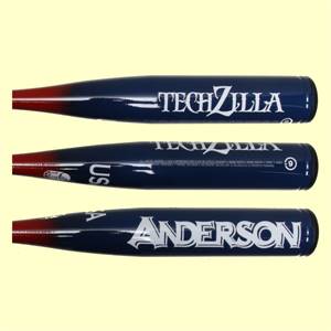 Side view of a blue and red baseball bat with TECHZILLA and ANDERSON branding.