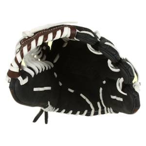 Top-down view of a black baseball glove with brown and white lacing and a deep pocket.