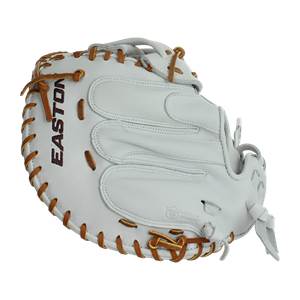 Side view of a white Easton catchers mitt with brown lacing and embossed logo.