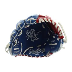 Inside view of a blue and red baseball glove with Rawlings branding and Heart of the Hide logo.