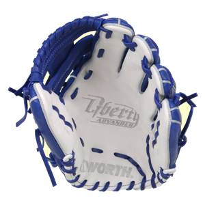 Top-down view of a royal blue and white baseball glove with Liberty Advanced and WORTH branding.