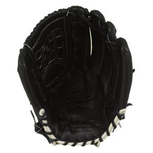 Top-down view of a black baseball glove with white stitching and Mizuno Premier embossed on the palm.