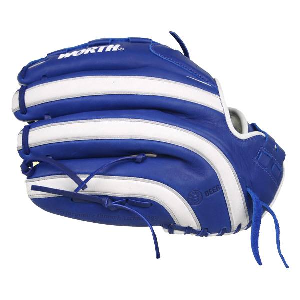 Side view of a royal blue baseball glove with white stripes and WORTH branding.