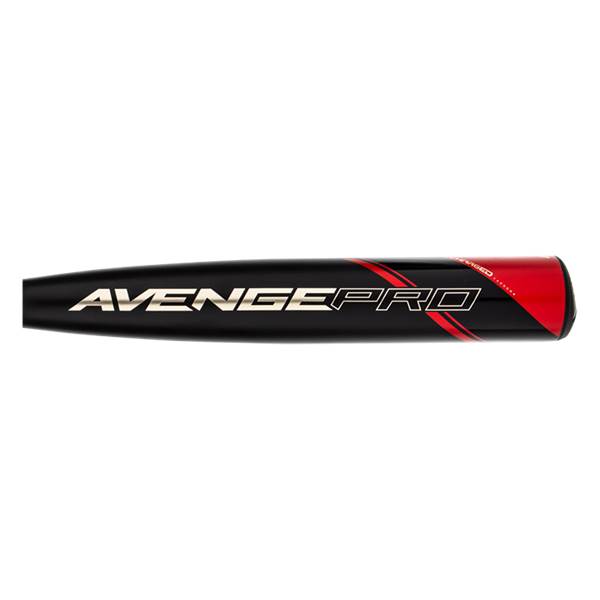 Side view of a black baseball bat with red accents and AVENGEPRO text.