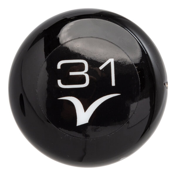 Close-up of a glossy black baseball bat knob with a white 31 and a white V logo.