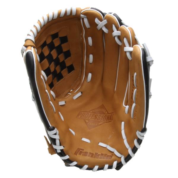 Top-down view of a brown baseball glove with a checkered pocket and PROFESSIONAL and Franklin branding.