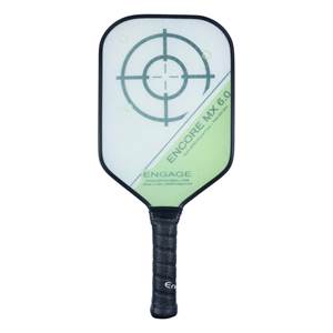 Front view of a white pickleball paddle with a target design, ENCORE MX 6.0, and ENGAGE branding.