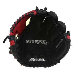 Inside view of a black youth baseball glove with red accents, Prospect Series and Mizuno. branding.