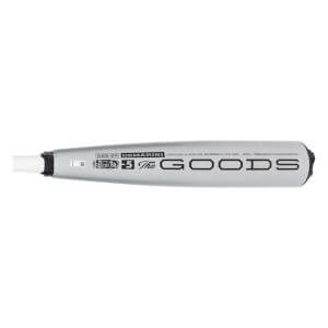 Side view of a silver baseball bat with DEMARINI The GOODS and -5 printed on it.