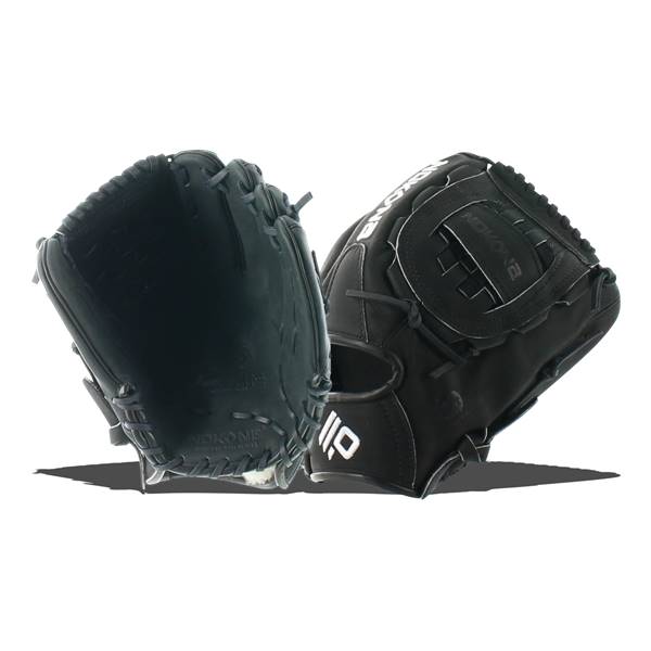 Front view of black baseball gloves with white stitching and visible Nokona branding.