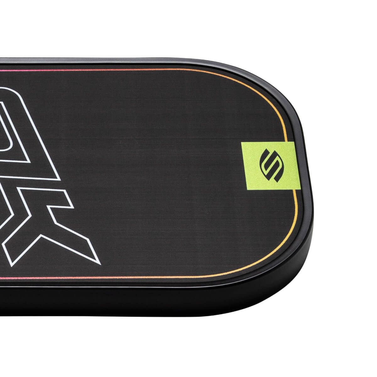 Corner view of a black pickleball paddle with white graphic and green SLK logo.
