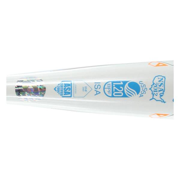 Side view of a white fastpitch softball bat with ASA, ISA, 1.20 BPF, USSSA, and NSA 2012 logos.