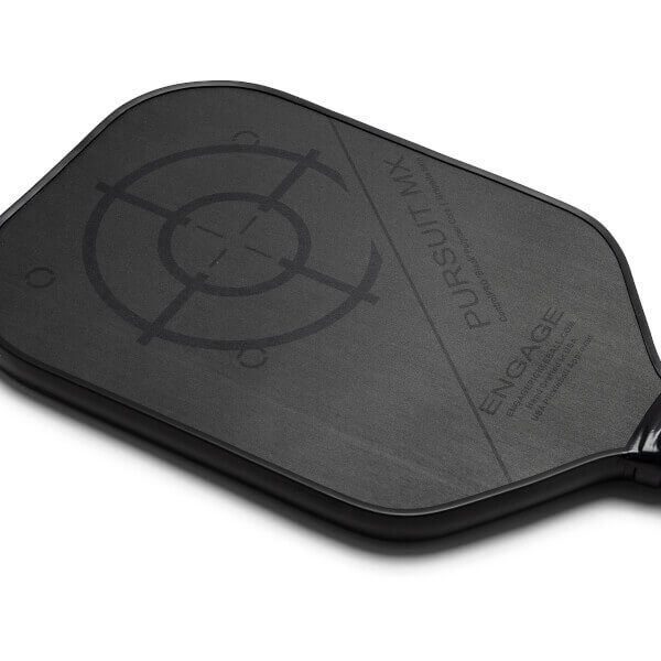 Corner view of a black pickleball paddle with a target design and PURSUIT MX and ENGAGE branding.