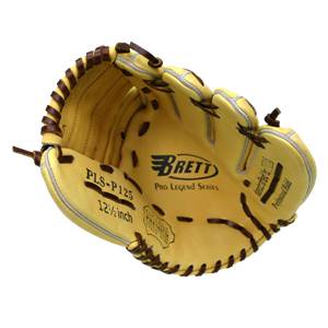Top-down view of a yellow baseball glove with Brett Pro Legend Series branding and PLS-P125 12 1/2 inch text.