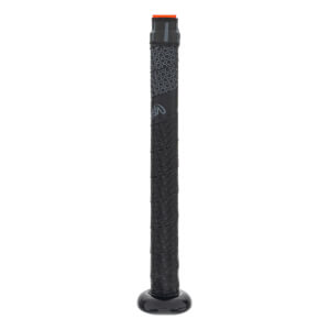 Close-up of the black grip on a baseball bat with a Rawlings logo and orange end cap.