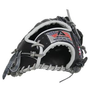 Side view of a black baseball glove with white lacing and an American flag patch.