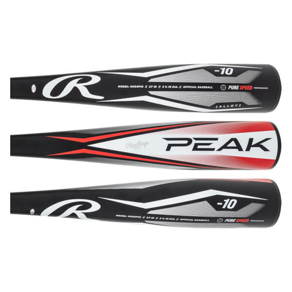Side view of black Rawlings Peak baseball bat with red accents and PEAK logo.