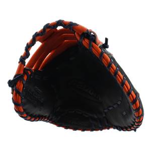 Top-down view of a black first base mitt with orange lacing and A2000 embossed on the palm.