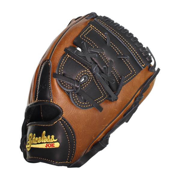 Side view of a brown baseball glove with black lacing and Shoeless Joe branding.