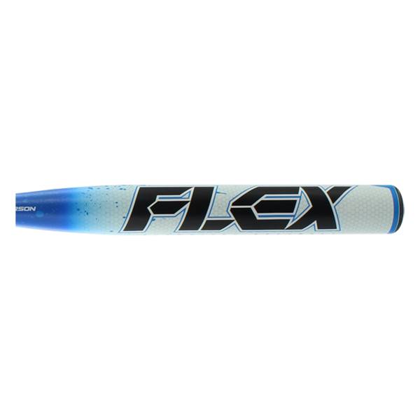 Side view of a blue and white softball bat with FLEX branding and a textured grip.