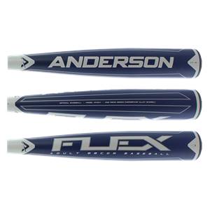 Top-down view of a blue Anderson Flex BBCOR baseball bat with white text and branding.