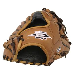 Corner view of a tan baseball glove with white Easton logos and dark brown lacing.